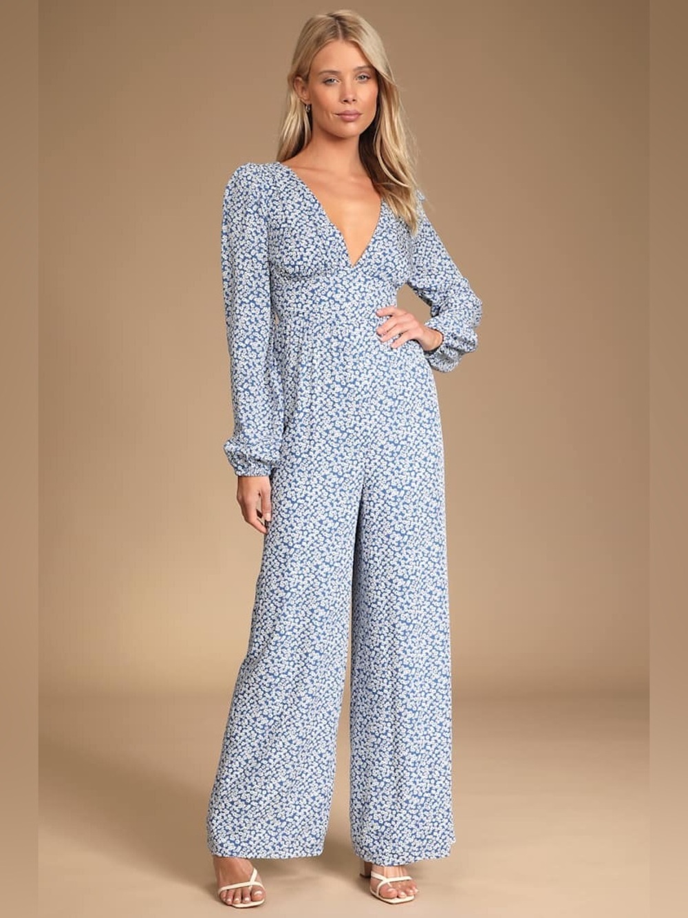 Lulus Afternoon Out Blue Floral Print Long Sleeve Jumpsuit